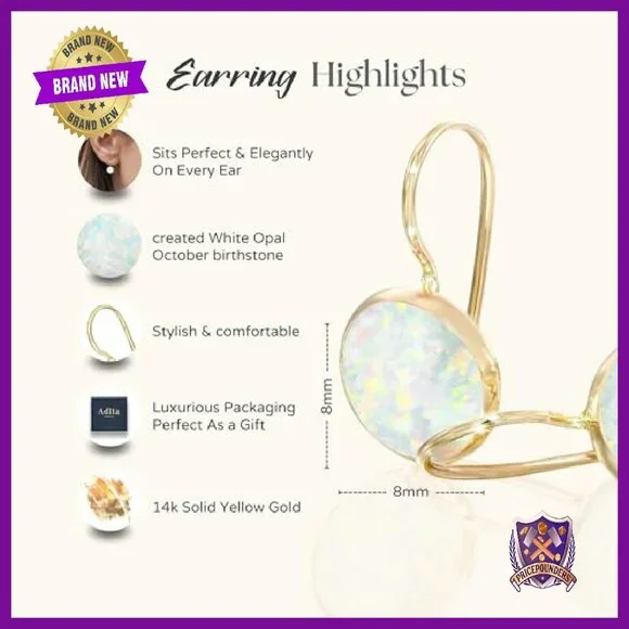 14k Yellow Gold Opal Dangle Earrings 8mm Handmade Wedding Jewelry Gift